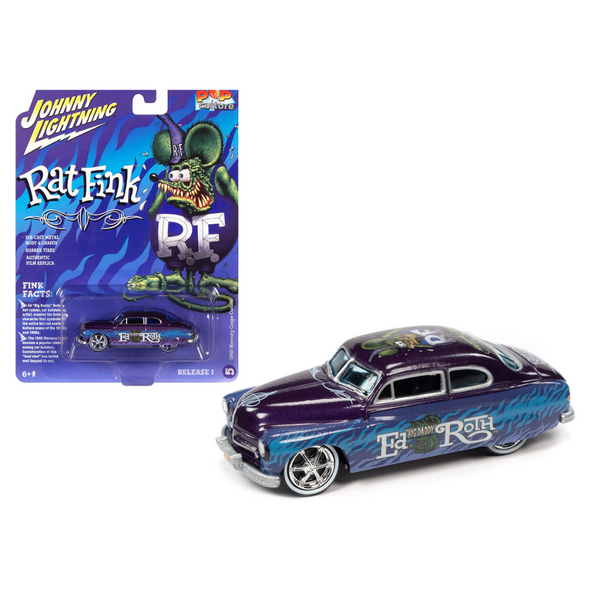 1949-mercury-coupe-custom-purple-metallic-with-graphics-rat-fink-pop-culture-2022-release-1-1-64-diecast-model-car-by-johnny-lightning