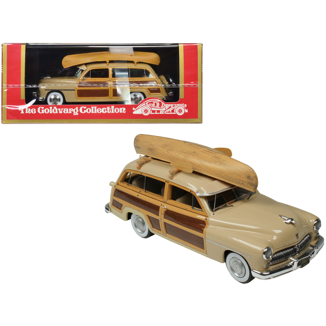 1949-mercury-woodie-miami-cream-with-yellow-and-woodgrain-sides-and-green-interior-with-kayak-on-roof-limited-edition-to-200-pieces-worldwide-1-43-model-car-by-goldvarg-collection-gc-050b-classic-auto-store-online