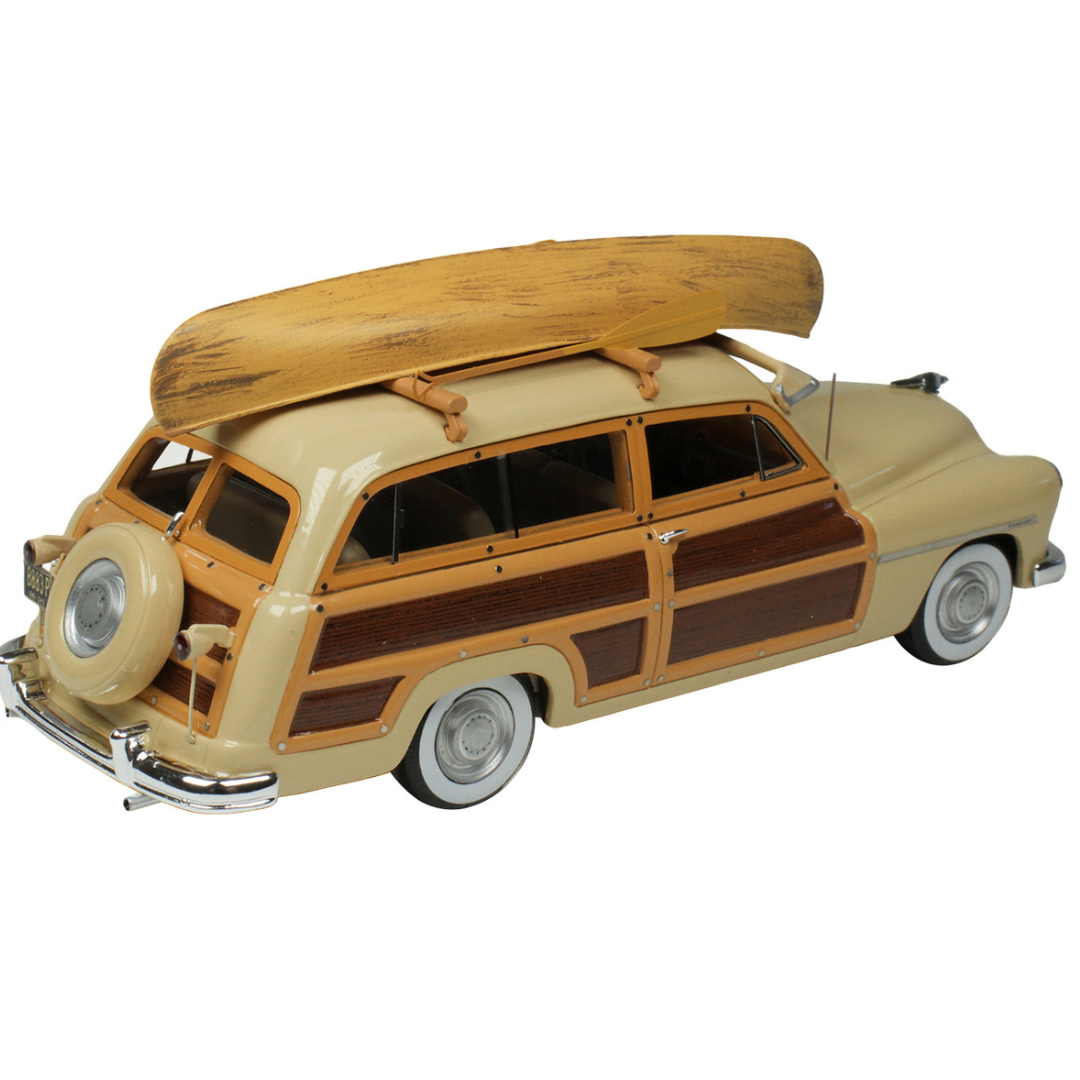 1949-mercury-woodie-miami-cream-with-yellow-and-woodgrain-sides-and-green-interior-with-kayak-on-roof-limited-edition-to-200-pieces-worldwide-1-43-model-car-by-goldvarg-collection-gc-050b-classic-auto-store-online