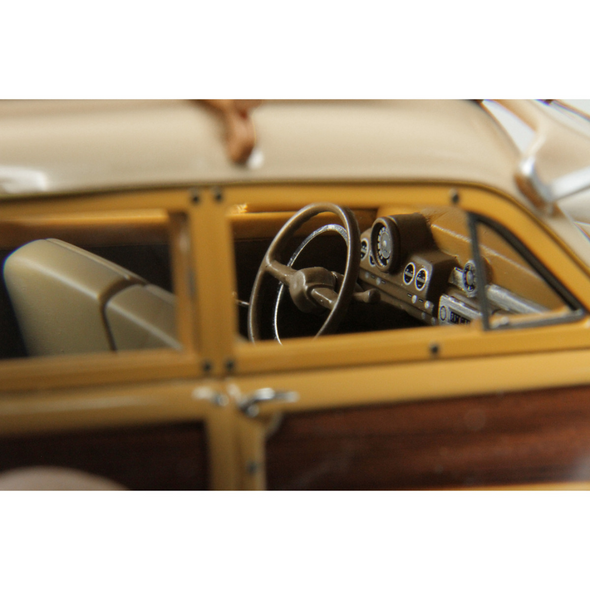 1949-mercury-woodie-miami-cream-with-yellow-and-woodgrain-sides-and-green-interior-with-kayak-on-roof-limited-edition-to-200-pieces-worldwide-1-43-model-car-by-goldvarg-collection-gc-050b-classic-auto-store-online