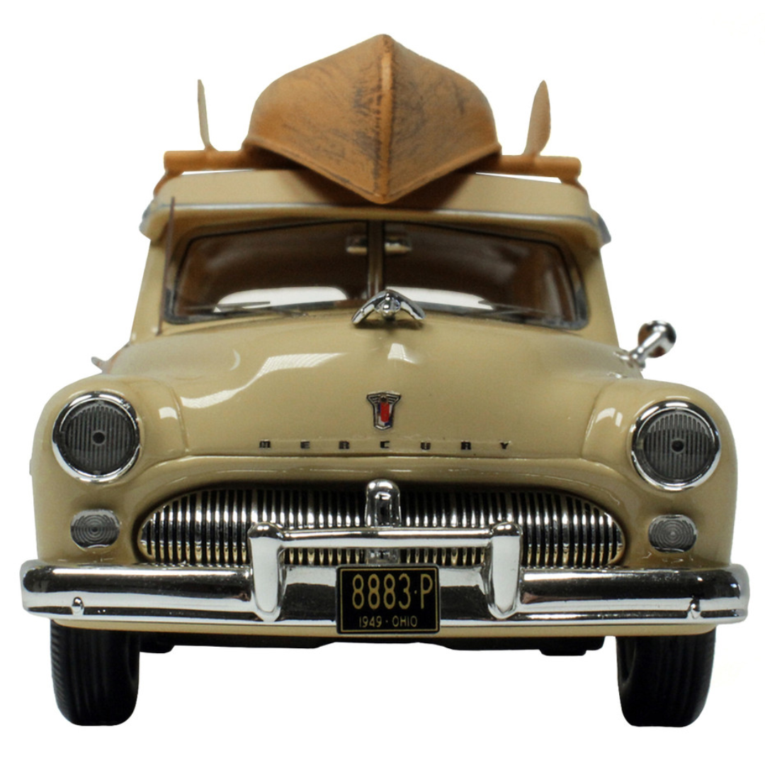 1949-mercury-woodie-miami-cream-with-yellow-and-woodgrain-sides-and-green-interior-with-kayak-on-roof-limited-edition-to-200-pieces-worldwide-1-43-model-car-by-goldvarg-collection-gc-050b-classic-auto-store-online