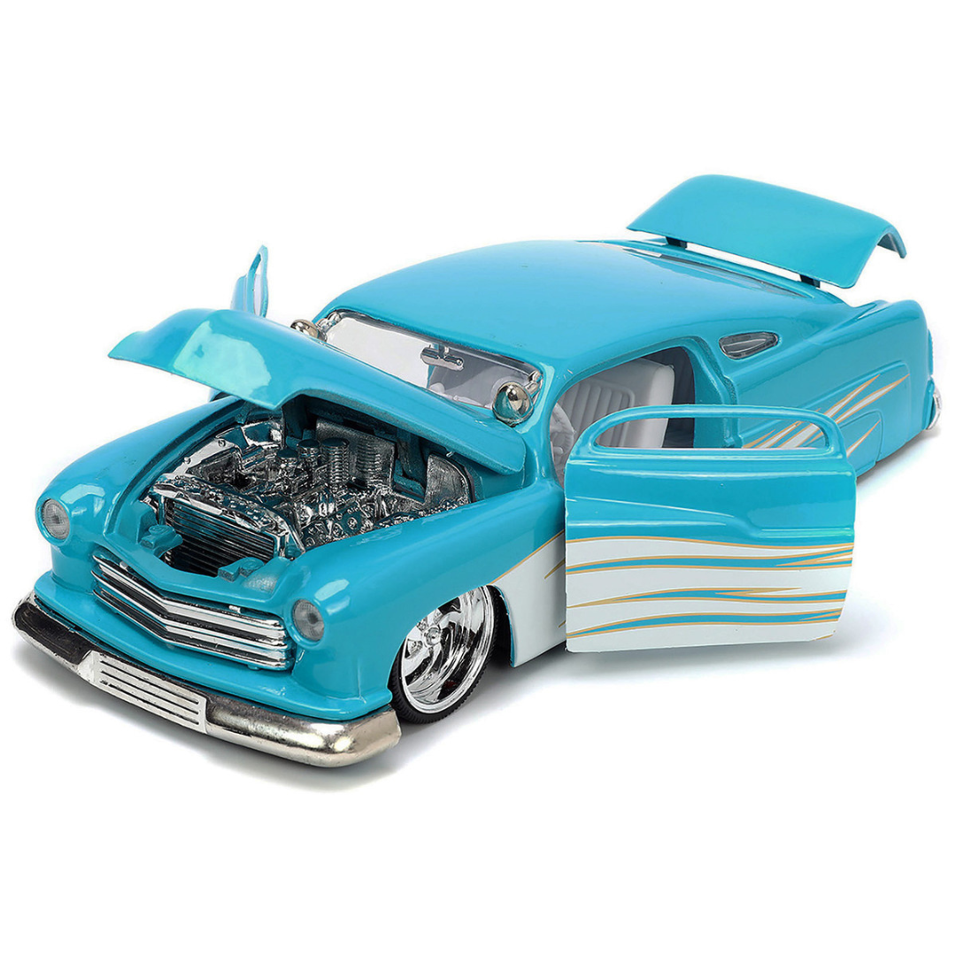 1951 Mercury Coupe Light Blue with White Flame Graphics and Interior "Bigtime Muscle" Series 1/24 Diecast Model Car