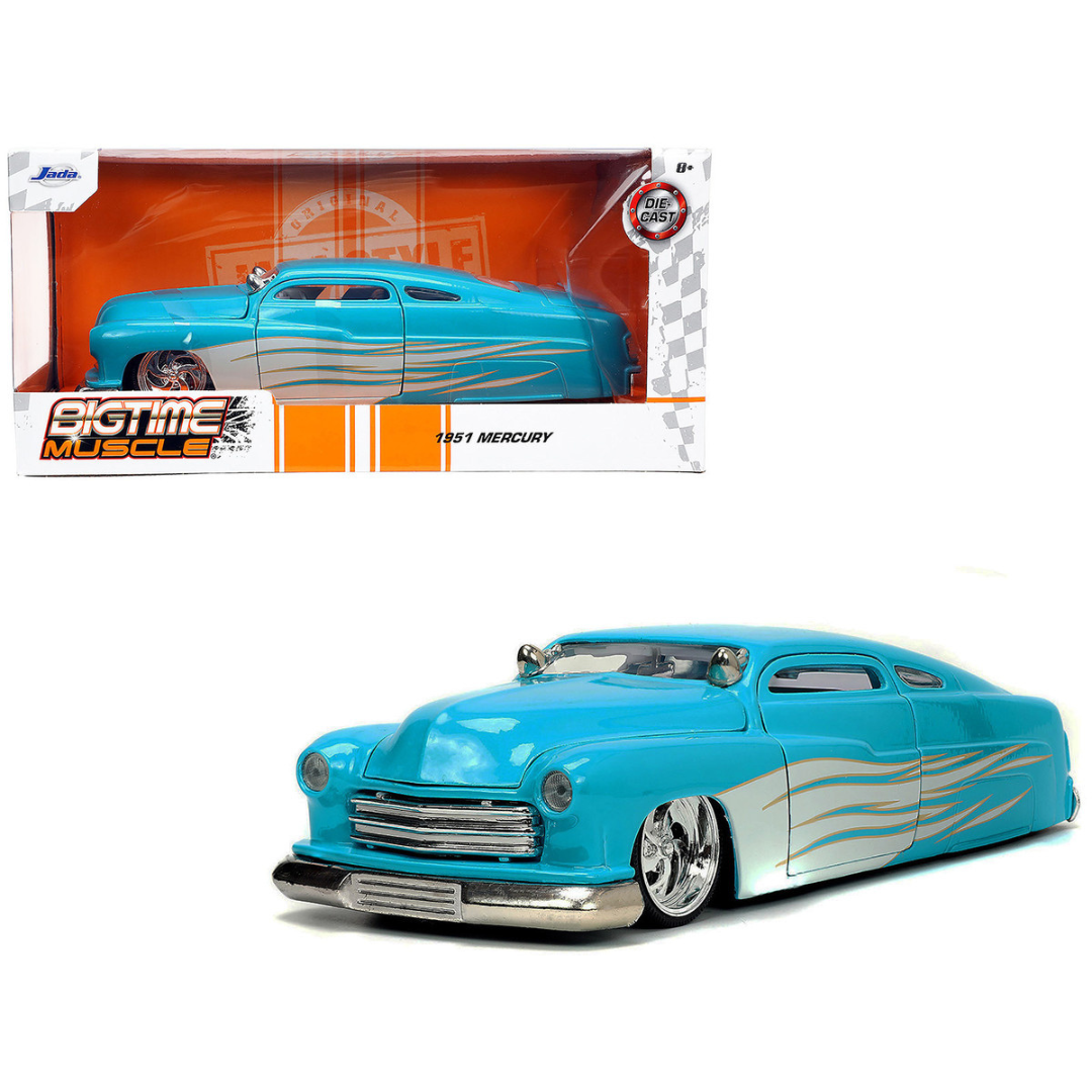 1951 Mercury Coupe Light Blue with White Flame Graphics and Interior "Bigtime Muscle" Series 1/24 Diecast Model Car