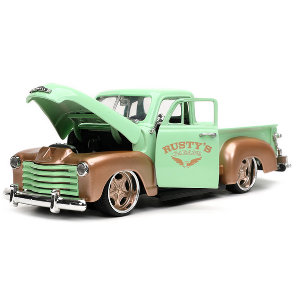 1953 Chevrolet 3100 Pickup Truck Green and Gold "Rusty's Garage" with Extra Wheels 1/24 Diecast