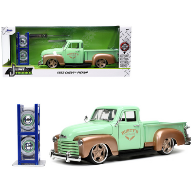 1953 Chevrolet 3100 Pickup Truck Green and Gold "Rusty's Garage" with Extra Wheels 1/24 Diecast