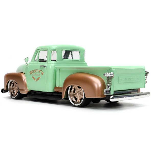 1953-chevrolet-3100-pickup-truck-green-and-gold-rustys-garage-with-extra-wheels-1-24-diecast