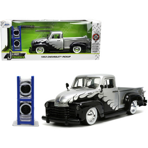 1953 Chevrolet 3100 Pickup Truck Silver Metallic with Black Flames with Extra Wheels 1/24 Diecast