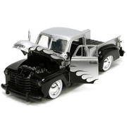 1953-chevrolet-3100-pickup-truck-silver-metallic-with-black-flames-with-extra-wheels-1-24-diecast