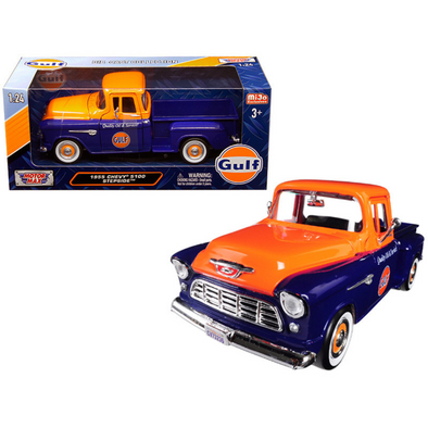 1955-chevrolet-5100-stepside-pickup-truck-gulf-dark-blue-and-orange-1-24-diecast-model-car