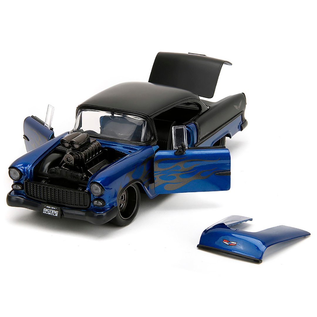 1955 Chevrolet Bel Air Blue Metallic with Flames 1/24 Diecast Model Car by Jada