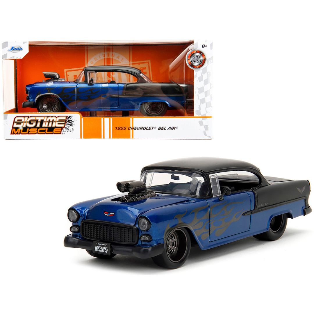 1955 Chevrolet Bel Air Blue Metallic with Flames 1/24 Diecast Model Car by Jada