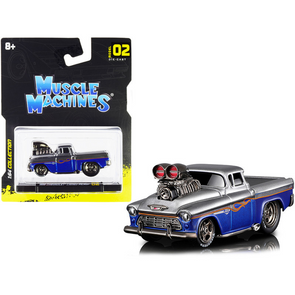 1955 Chevrolet Cameo Pickup Truck Gray and Blue Metallic with Flames 1/64 Diecast
