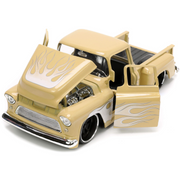 1955-chevrolet-stepside-pickup-truck-tan-and-silver-flames-with-extra-wheels-1-24-diecast