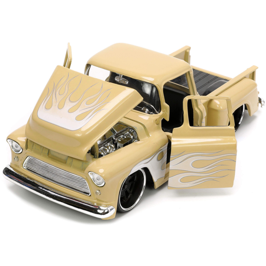 1955-chevrolet-stepside-pickup-truck-tan-and-silver-flames-with-extra-wheels-1-24-diecast