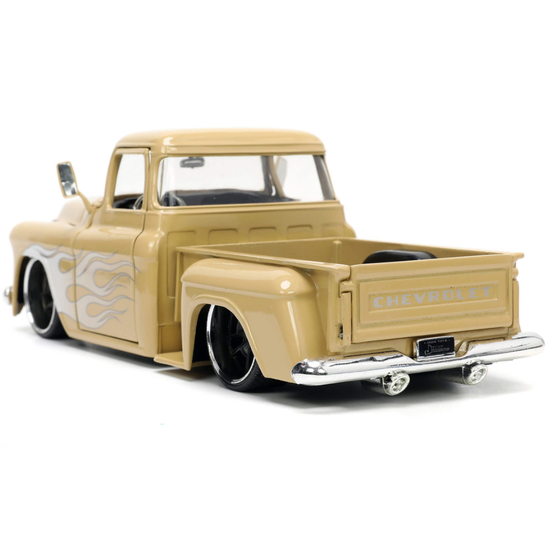 1955-chevrolet-stepside-pickup-truck-tan-and-silver-flames-with-extra-wheels-1-24-diecast