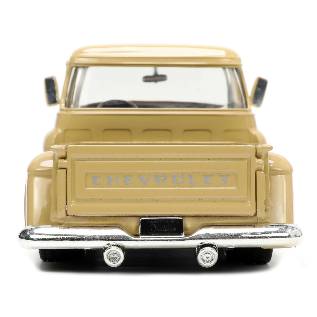 1955-chevrolet-stepside-pickup-truck-tan-and-silver-flames-with-extra-wheels-1-24-diecast