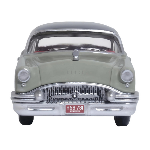 1955-buick-century-windsor-gray-and-dover-white-with-carlsbad-black-top-1-87-ho-scale-diecast-model-car