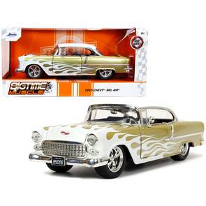 1955 Chevrolet Bel Air White and Gold with Flames "Bigtime Muscle" 1/24 Diecast Model Car