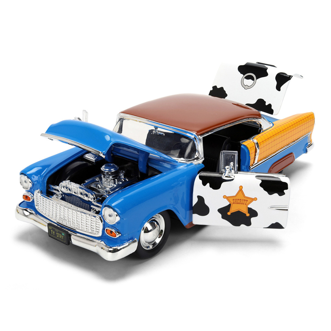 1955 Chevrolet Bel Air Blue with Graphics and Woody Diecast Figure "Toy Story" Franchise "Hollywood Rides" Series 1/24 Diecast Model Car