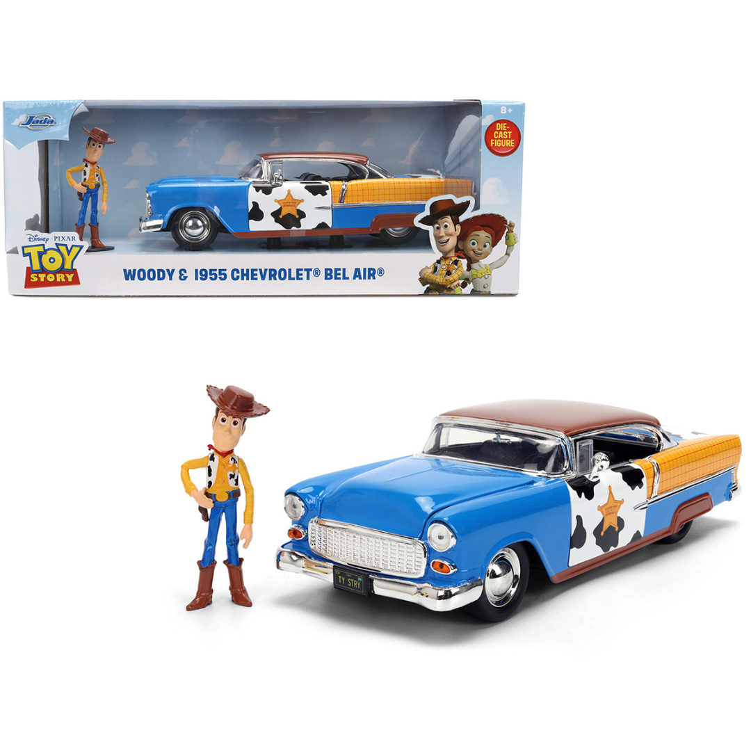 1955 Chevrolet Bel Air Blue with Graphics and Woody Diecast Figure "Toy Story" Franchise "Hollywood Rides" Series 1/24 Diecast Model Car