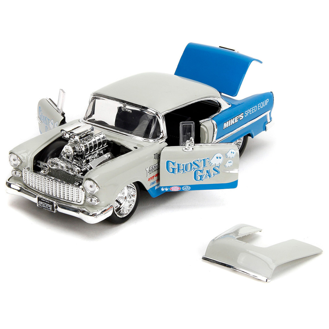 1955 Chevrolet Bel Air "Ghost Gas - Mike's Speed Equip" Light Gray and Blue "Bigtime Muscle" Series 1/24 Diecast Model Car