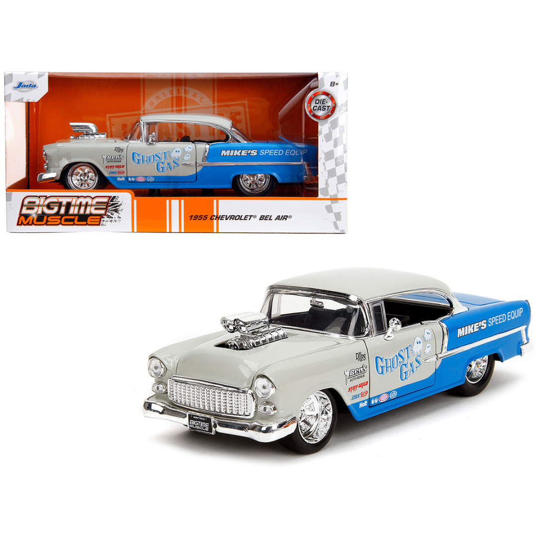 1955 Chevrolet Bel Air "Ghost Gas - Mike's Speed Equip" Light Gray and Blue "Bigtime Muscle" Series 1/24 Diecast Model Car