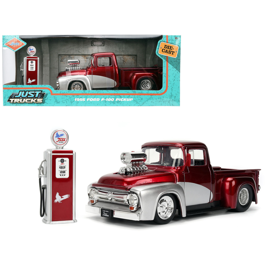 1956 Ford F-100 Pickup Truck Red Metallic with Silver Accents and Jada Gas Pump "Just Trucks" Series 1/24 Diecast Model Car