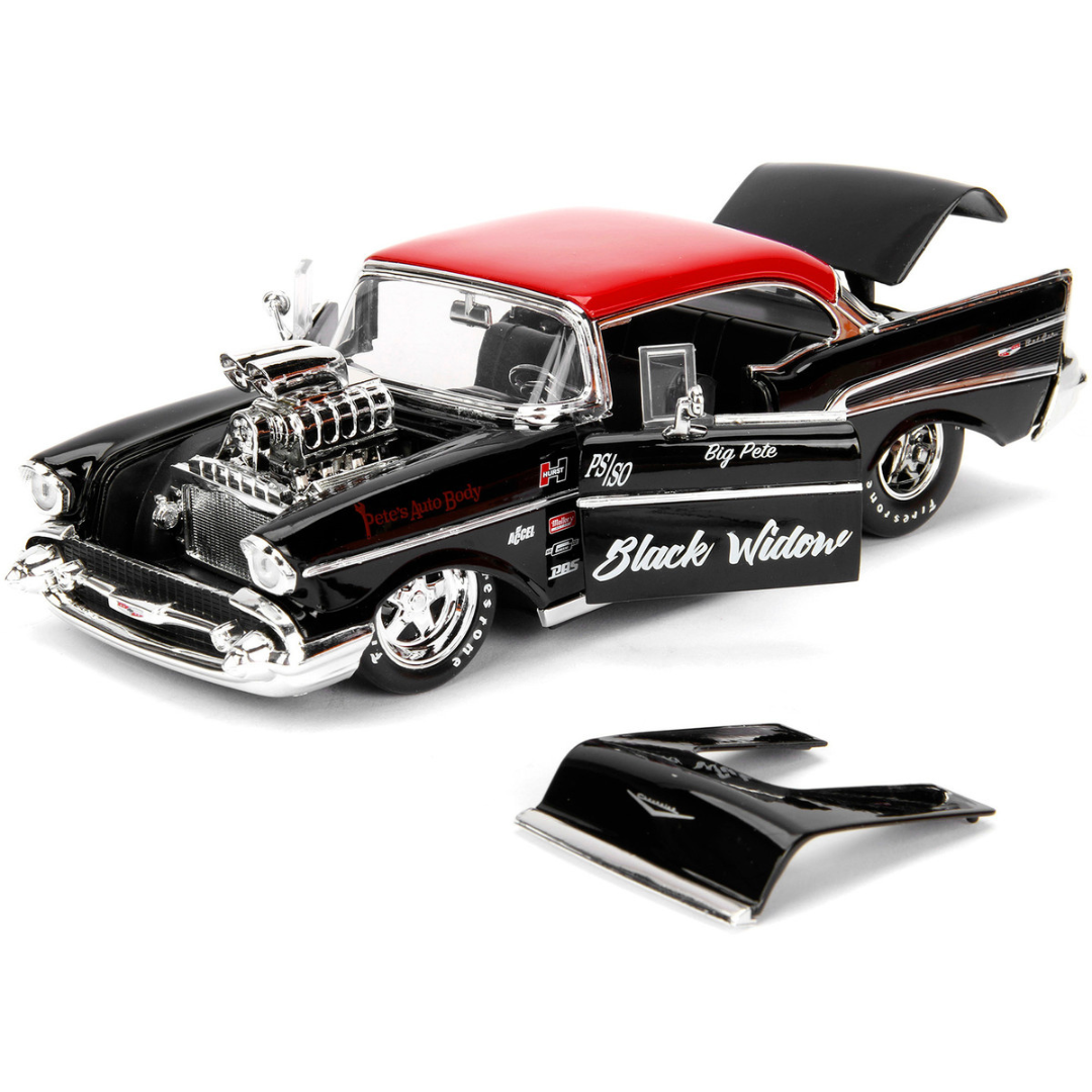 1957 Chevrolet Bel Air Black "Pete's Auto Body: Black Widow" "Bigtime Muscle" 1/24 Diecast