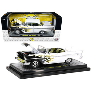 1957 Chevrolet Bel Air Hardtop White with Flames "Mooneyes" Limited Edition 1/24 Diecast Model Car