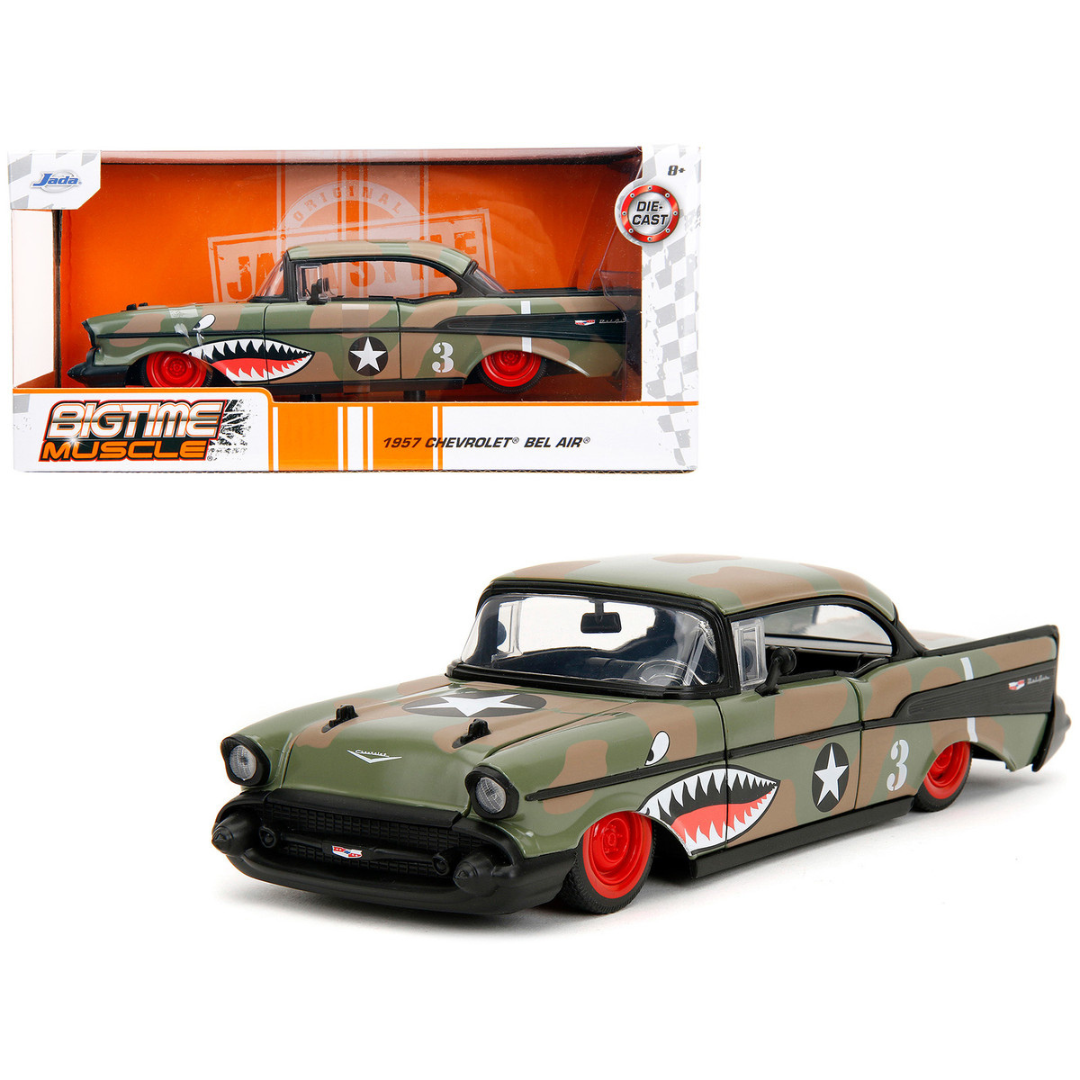 1957 Chevrolet Bel Air #3 Camouflage with Shark Mouth Graphics 1/24 Diecast Model Car