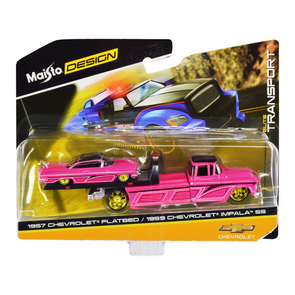 1957 Chevrolet Flatbed Truck and 1959 Chevrolet Impala SS Hot Pink 1/64 Diecast