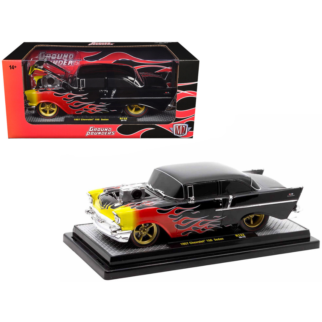 1957 Chevrolet 150 Sedan Black with Flames Graphics Limited Edition 1/24 Diecast Model Car