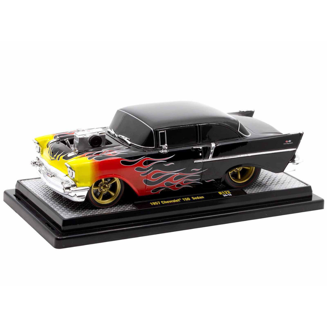 1957 Chevrolet 150 Sedan Black with Flames Graphics Limited Edition 1/24 Diecast Model Car