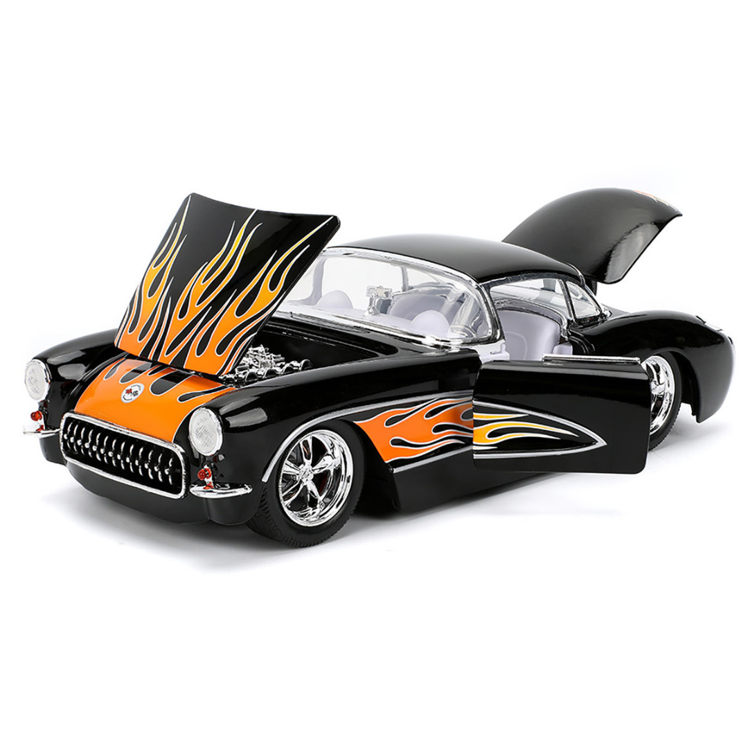 1957 Chevrolet Corvette Black with Flame Graphics and White Interior "Bigtime Muscle" Series 1/24 Diecast Model Car