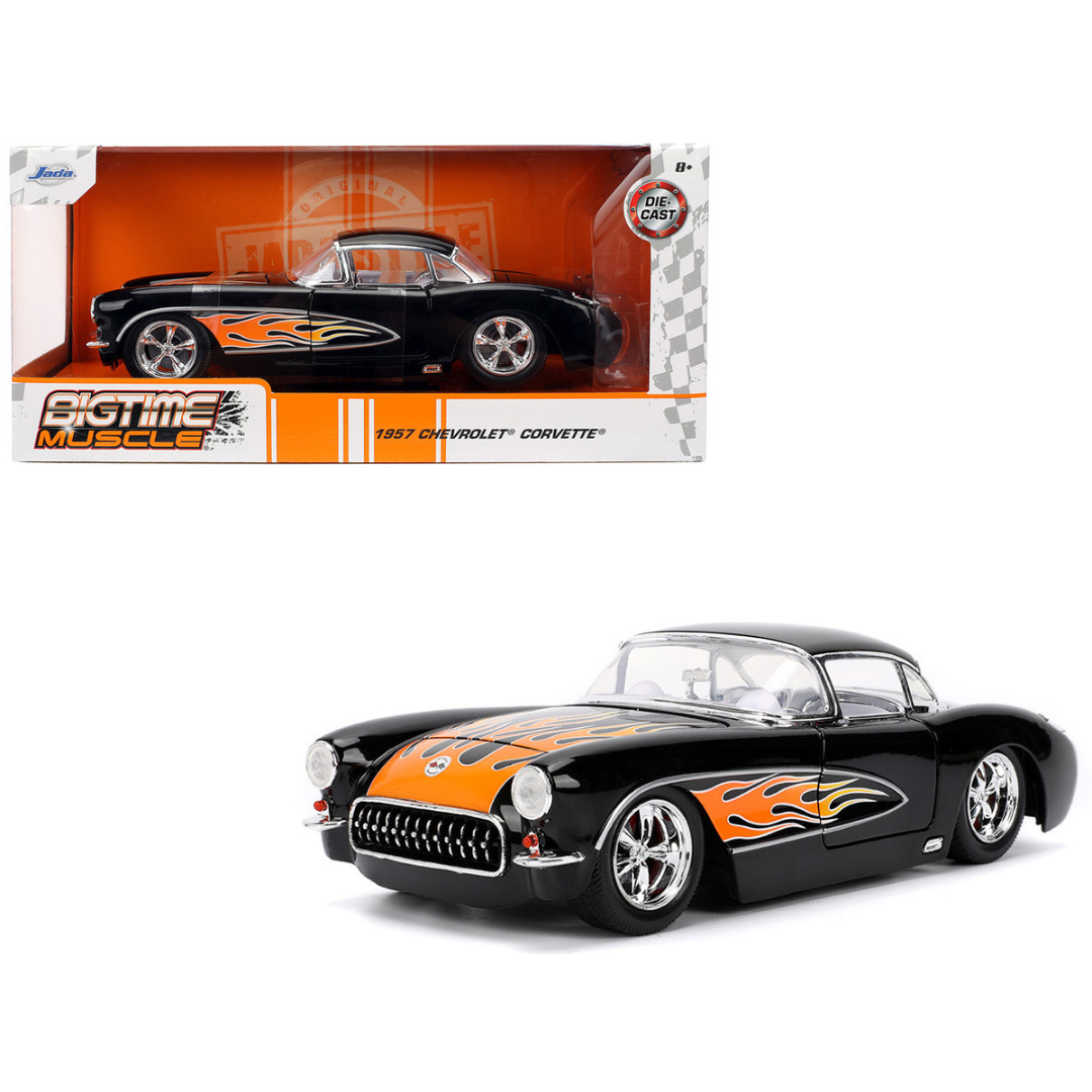 1957 Chevrolet Corvette Black with Flame Graphics and White Interior "Bigtime Muscle" Series 1/24 Diecast Model Car