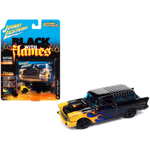 1957 Chevrolet Nomad "Draggin' Wagon" Black with Blue and Yellow Flames "Black with Flames" Limited Edition to 2500 pieces Worldwide "Street Freaks" Series 1/64 Diecast Model Car by Johnny Lightning