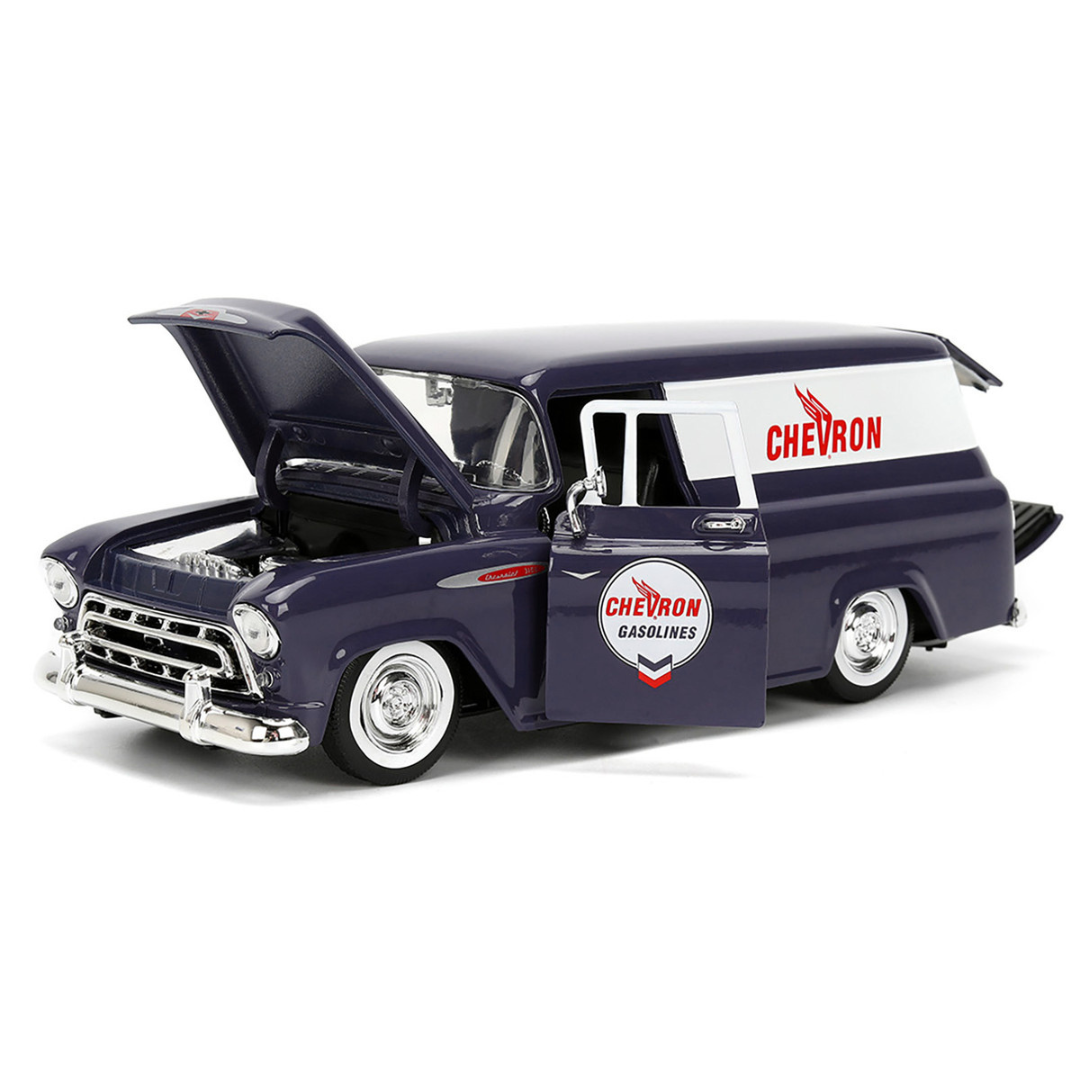 1957 Chevrolet Suburban "Chevron" Dark Blue with White Stripes and Chevron Gas Pump "Just Trucks" Series 1/24 Diecast Model Car