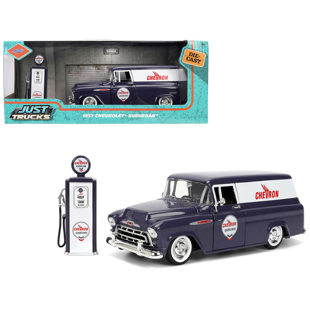 1957 Chevrolet Suburban "Chevron" Dark Blue with White Stripes and Chevron Gas Pump "Just Trucks" Series 1/24 Diecast Model Car