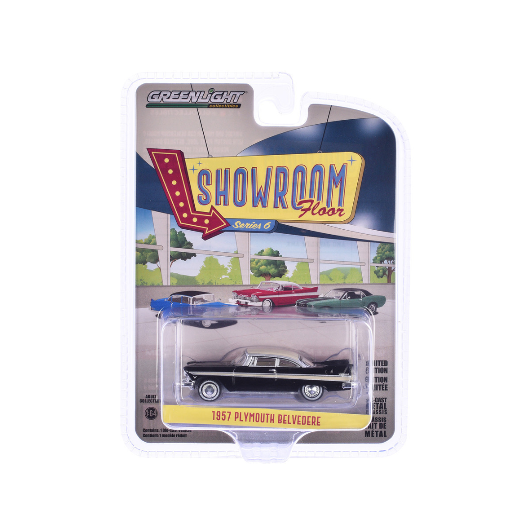 1957 Plymouth Belvedere Jet Black with Sand Dune White Top and Stripes "Showroom Floor" Series 6 1/64 Diecast Model Car