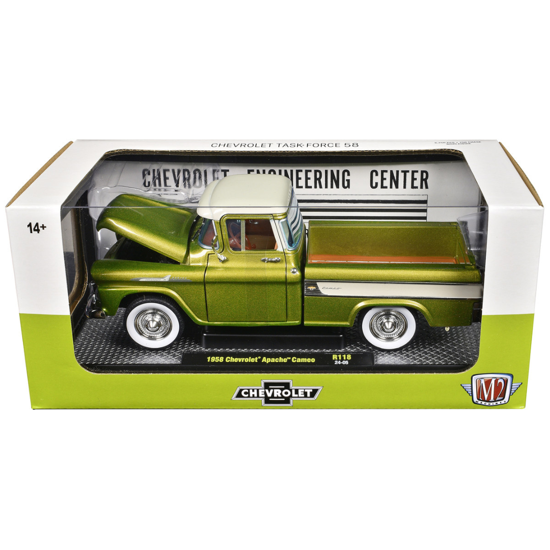 1958 Chevrolet Apache Cameo Pickup Truck Olive Green Metallic with Wimbledon White Top Limited Edition 1/24 Diecast Model Car