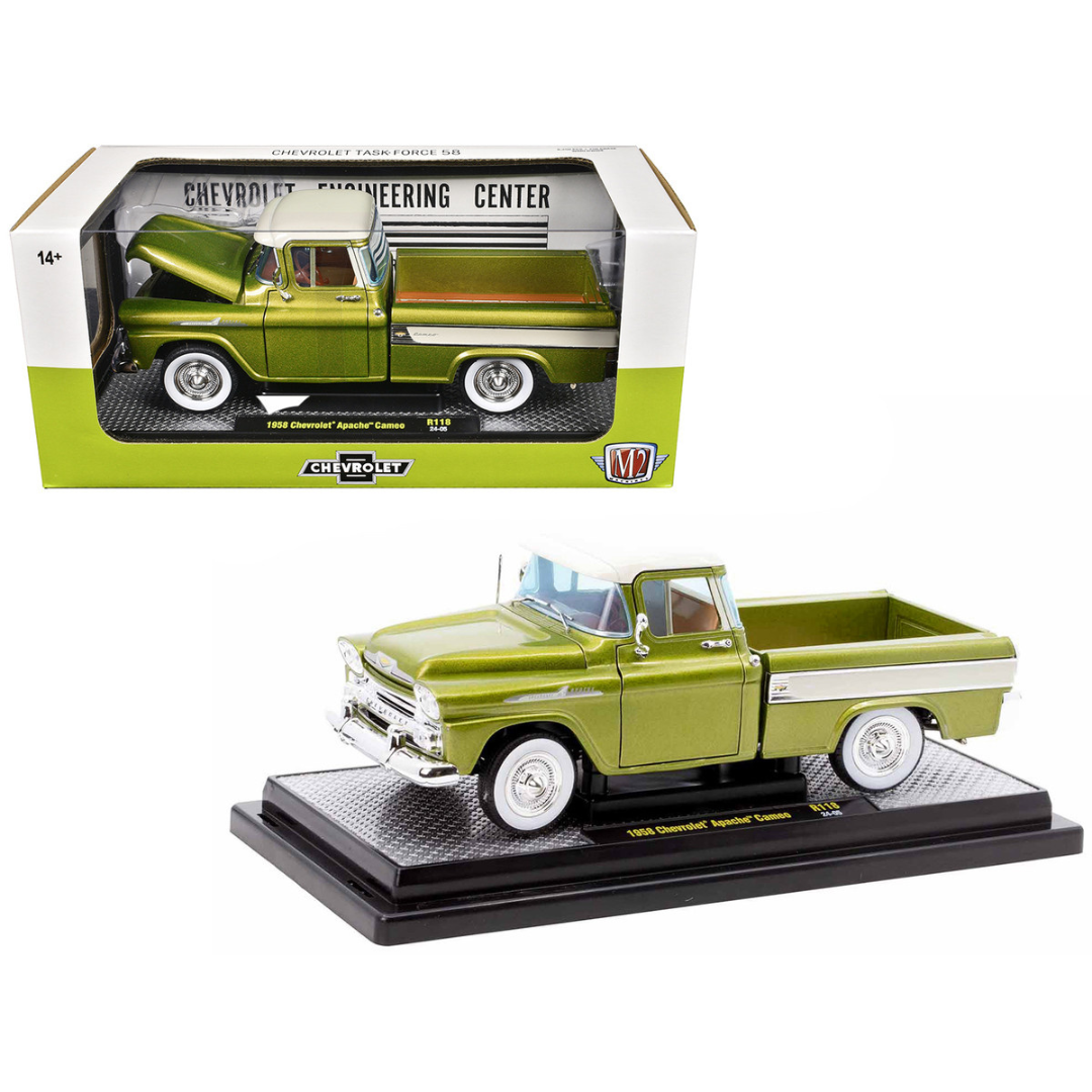 1958 Chevrolet Apache Cameo Pickup Truck Olive Green Metallic with Wimbledon White Top Limited Edition 1/24 Diecast Model Car