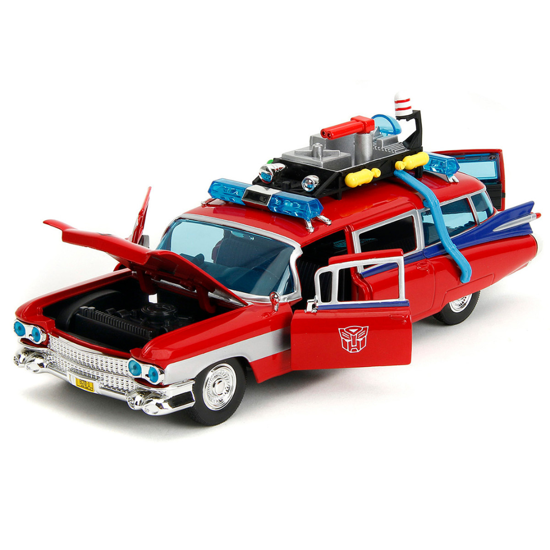 1959 Cadillac Ambulance Ecto-1 Red "Transformers" TV Series - "Ghostbusters" (1984) Movie Crossover "Hollywood Rides" Series 1/24 Diecast Model Car