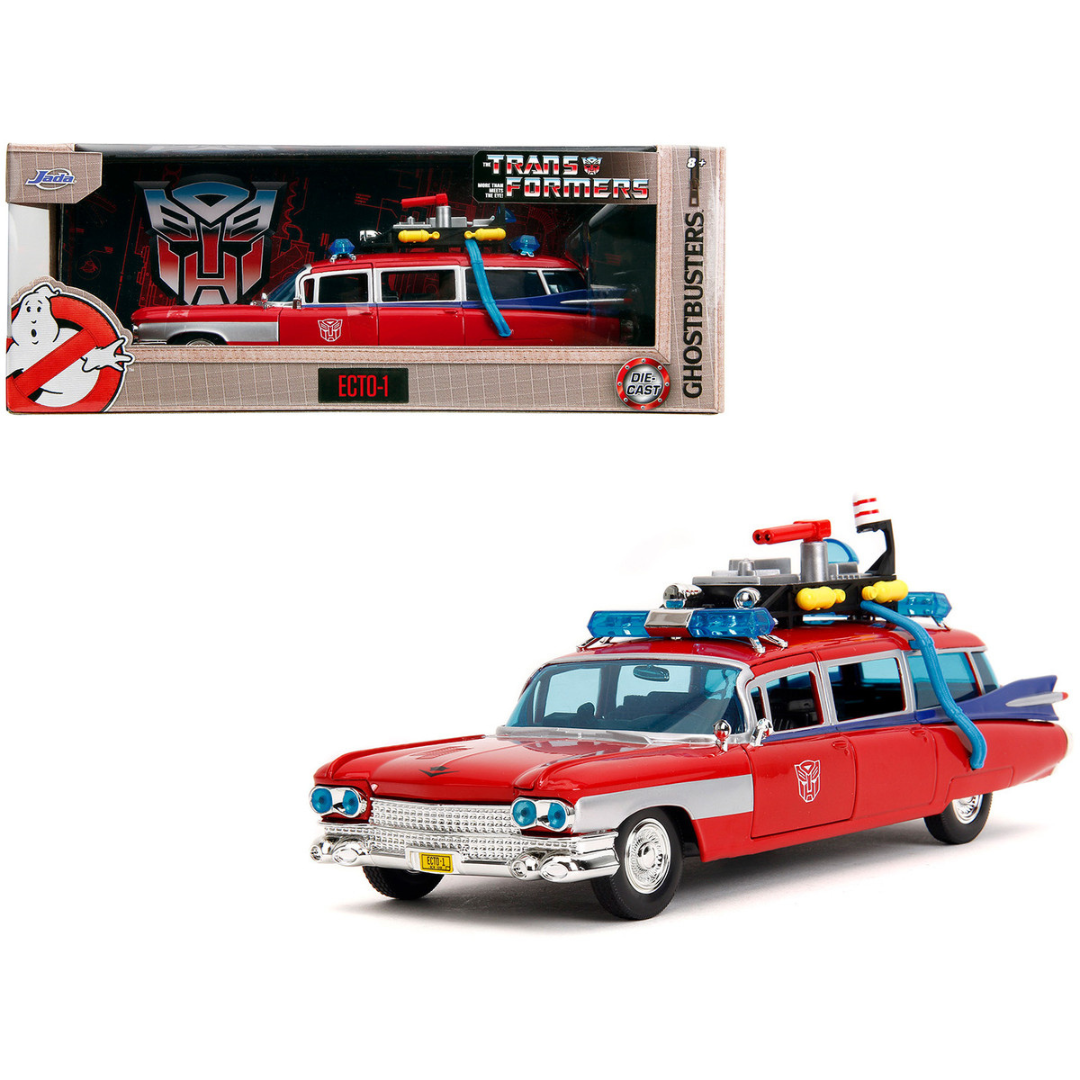 1959 Cadillac Ambulance Ecto-1 Red "Transformers" TV Series - "Ghostbusters" (1984) Movie Crossover "Hollywood Rides" Series 1/24 Diecast Model Car