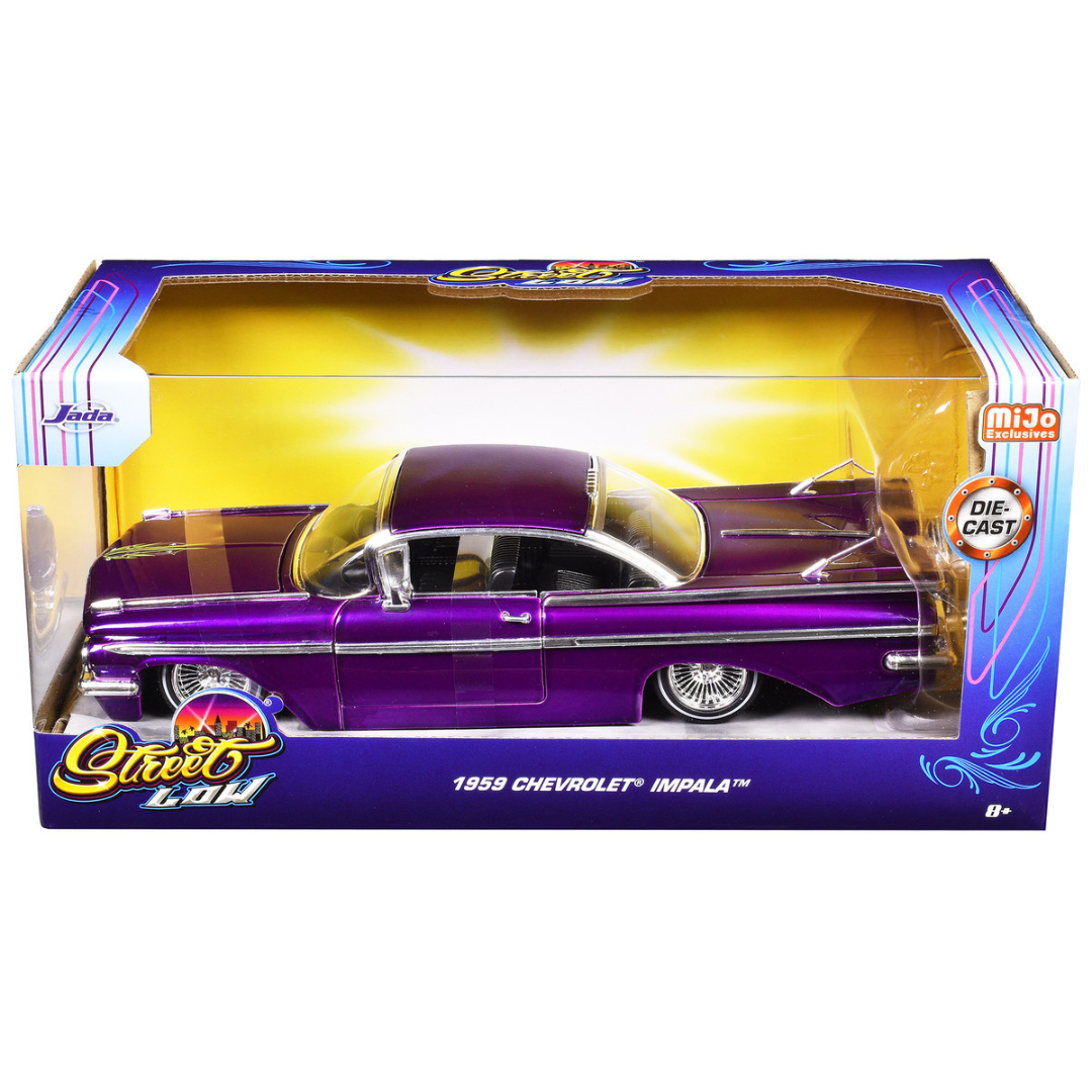 1959 Chevrolet Impala Lowrider Candy Purple with Wire Wheels "Street Low" Series 1/24 Diecast Model Car