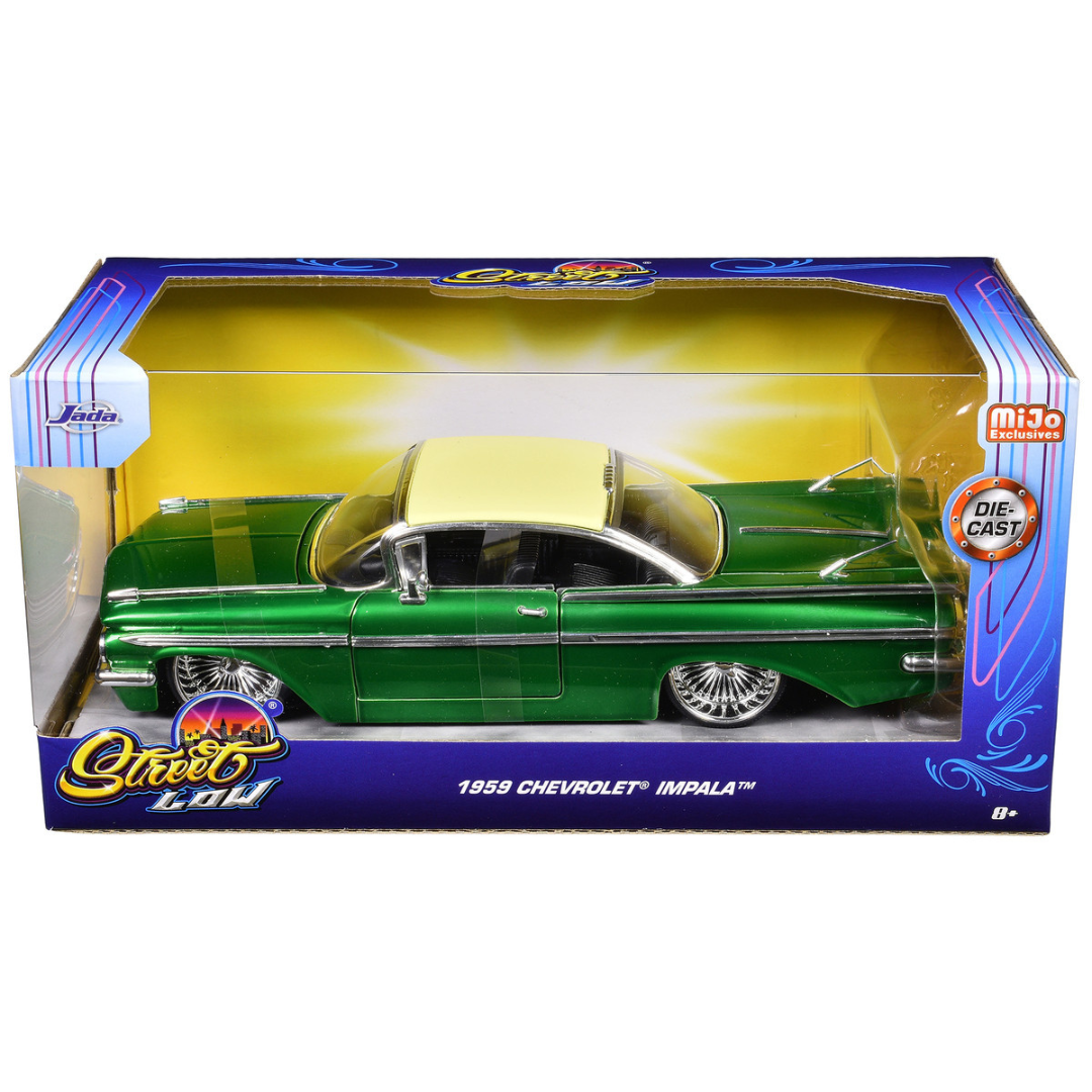 1959 Chevrolet Impala Lowrider Green Metallic with Cream Top and DUB Wire Wheels "Street Low" Series 1/24 Diecast Model Car