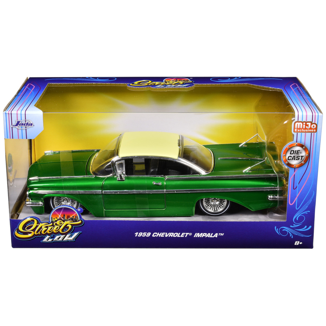 1959 Chevrolet Impala Lowrider Green Metallic with Cream Top and Wire Wheels "Street Low" Series 1/24 Diecast Model Car