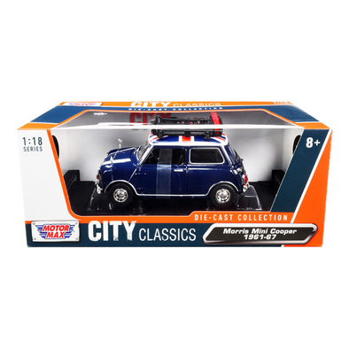 1961-1967 Morris Mini Cooper RHD (Right Hand Drive) Dark Blue with British Flag on the Top and Roof Rack "City Classics" Series 1/18 Diecast Model Car by Motormax