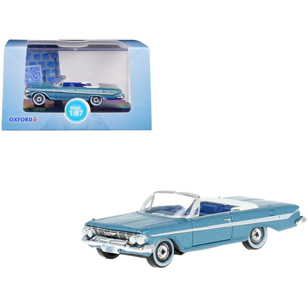 1961 Chevrolet Impala Convertible Jewel Blue Metallic 1/87 (HO) Scale Diecast Model Car by Oxford Diecast