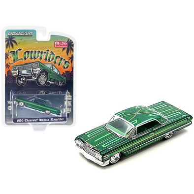 1963 Chevrolet Impala Lowrider Green Metallic with Graphics and Green Interior "Lowriders" Series Limited Edition 1/64 Diecast Model Car
