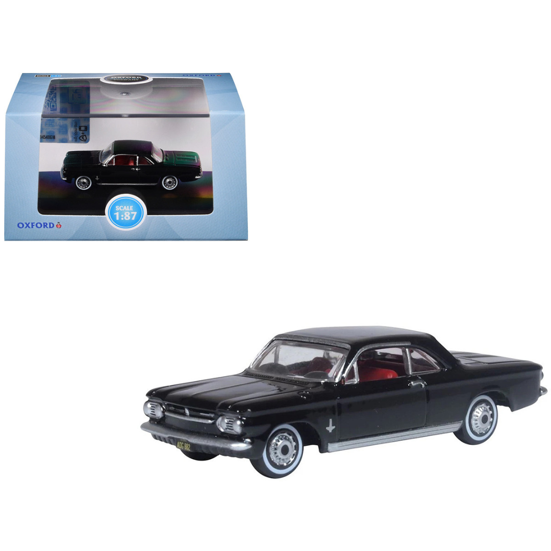 1963 Chevrolet Corvair Coupe Tuxedo Black with Red Interior 1/87 (HO) Scale Diecast Model Car